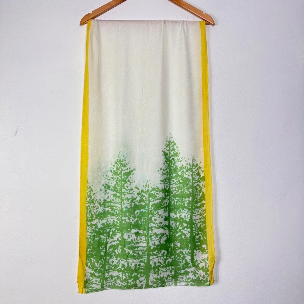 Curia Womens Scarf White Green Yellow Tree Print Sheer Viscose Boho‎ Cottagecore